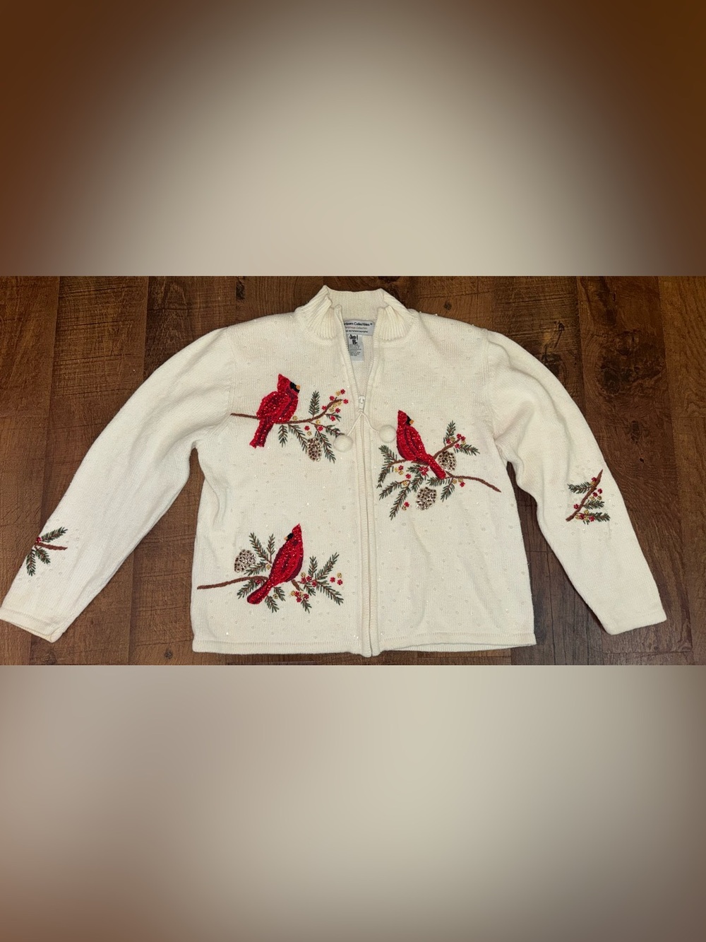 Heirloom XL Women's Cream Zip Cardigan Sweater with Red Cardinal Embroidery